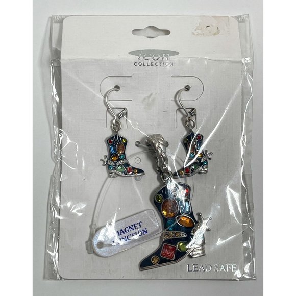 Icon Collection Multi-Color Western Boot Pendant and Earrings Set Jeweled - Picture 2 of 4